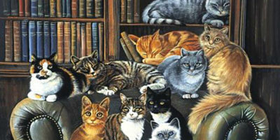 Много котов в кожаном кресле