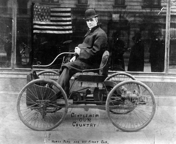 Henry Ford sits in his pride and joy, the 1896 Quadricycle. ca. 1890s Detroit, Michigan, USA