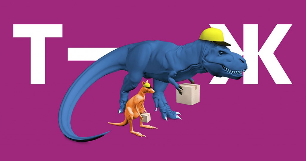 Динозавр и кенгуру в строительных касках